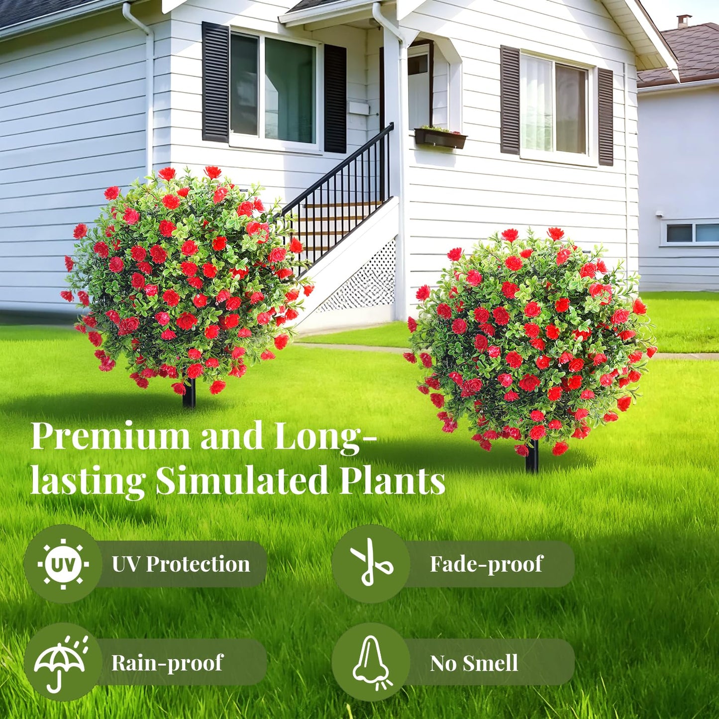 Lewondr Artificial Red Flowers Boxwood Topiary Ball with LED Lights,23.6'' Artificial Shrub Bushes with Ground Spike,UV Resistant Faux Greenery Shrubs,Fake Plants for Indoor Outdoor Garden Patio Decor