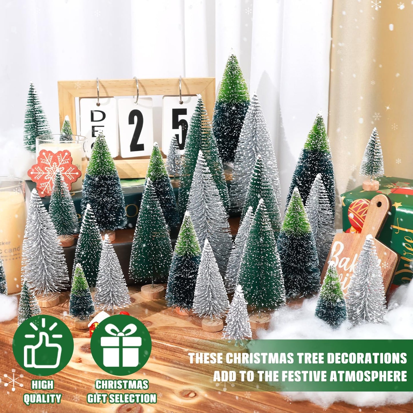 30Pcs Mini Christmas Trees Artificial Christmas Tree Bottle Brush Trees with Wooden Base for Christmas Decor Christmas Party Home Table Craft Decorations(Dark Green+Silver)