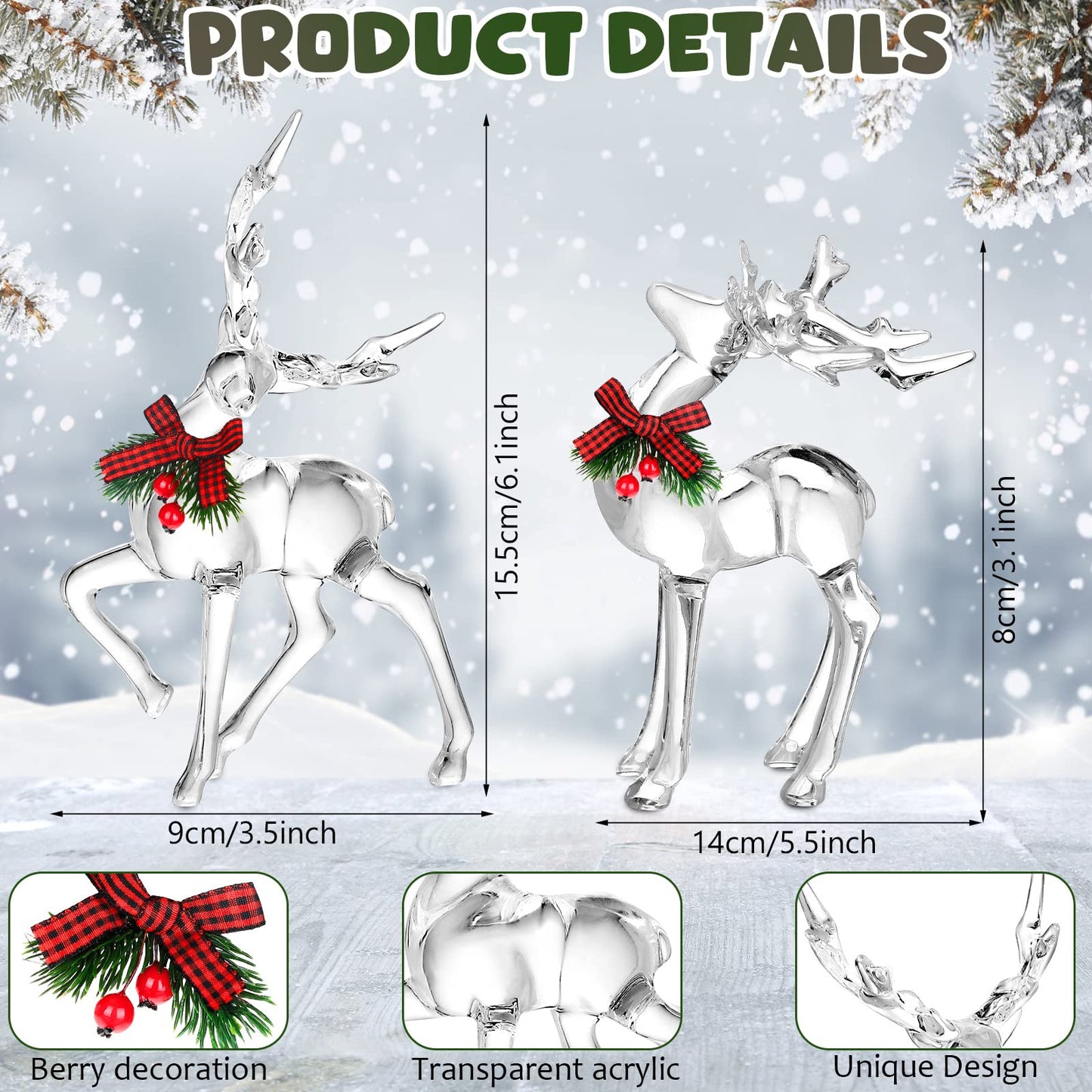 Bucherry 2 Pcs Christmas Reindeer Figurines Decoration Acrylic Deer Decor Christmas Holiday Reindeer Figurine Statues with Red Berries Bow Home Xmas Deer Decor Holiday Party Supplies(Basic Style)