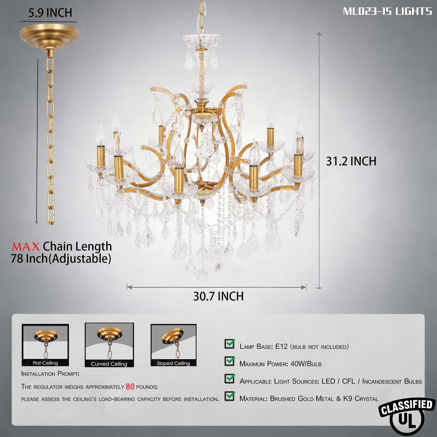 MEELIGHTING Antique Gold Crystal Chandeliers, Luxury Polished Golden Bronze Candle Pendant Ceiling Light Fixture, 15 Lights Golden Crystal Chandelier for Dining Room Living Room Bedroom Foyer