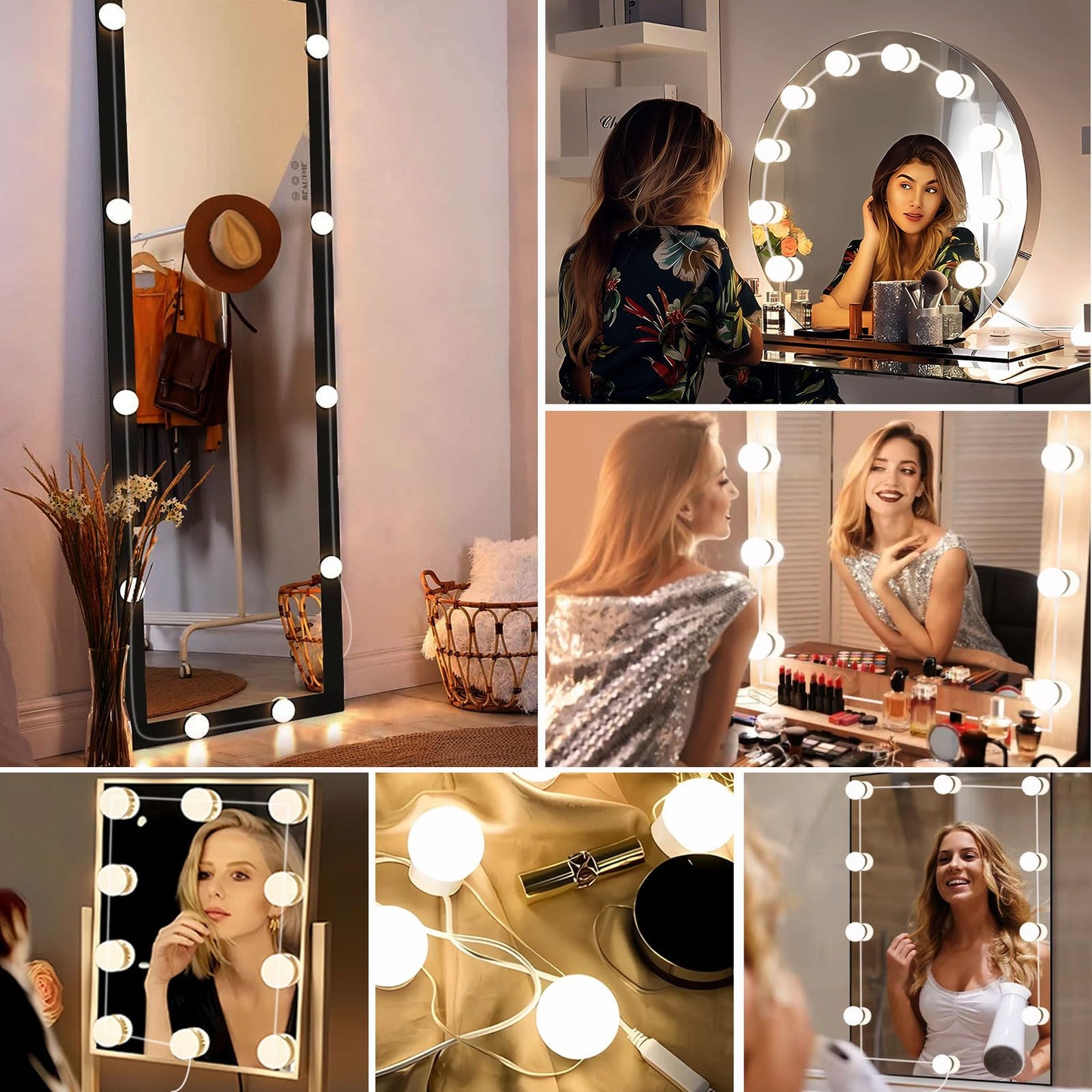 Akynite Hollywood Mirror Lights Stick on 10 Bulbs, USB Cable Adjustable, 3 Colour Changing and 10 Brightness, LED Vanity Mirror Lamp Dimmable, Makeup Lights for Dressing Table (No Adapter)