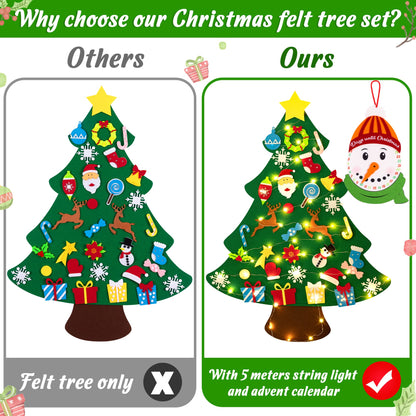 jollylife 3ft DIY Felt Christmas Tree Set + Snowman Advent Calendar - Xmas Decorations Wall Hanging 33 Ornaments Kids Gifts Party Supplies