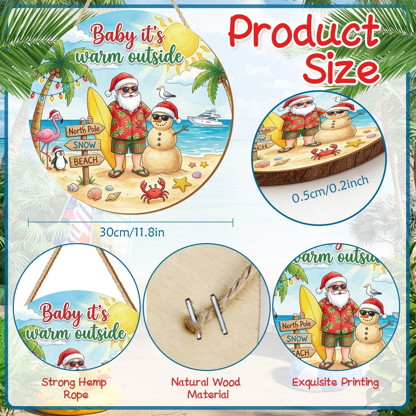 Shejdgart Summer Christmas Door Decorations - 3 Pcs Christmas in July Front Door Sign Xmas Santa Beach Snowman Hawaiian Wooden Hanger Door Sign for Farmhouse Home Wall Living Room Party Supplies