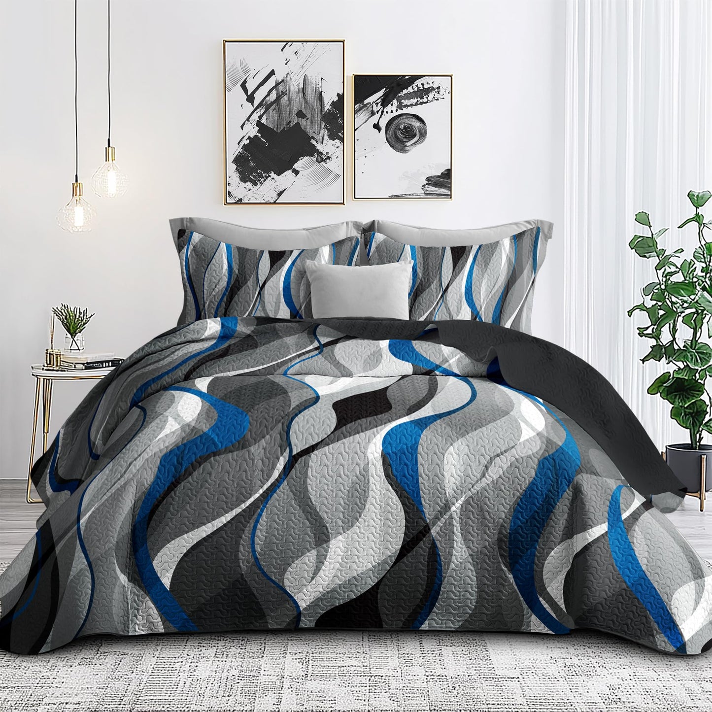 weesire Queen Quilt Bedding Set Blue Black Comforter Set Stripe Full Size Bedspreads with 2 Shams, Modern Pattern Lightweight Breathable Coverlet, 90''X96''