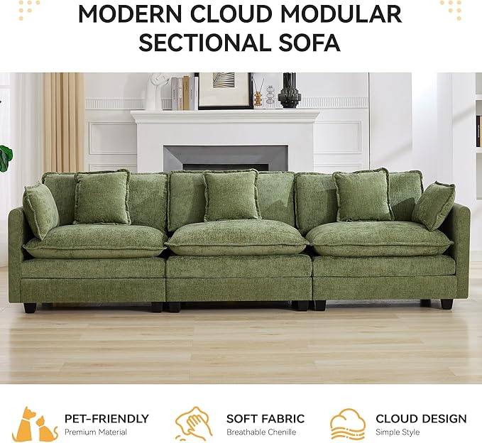 111'' Sectional Cloud Deep Seat Couch, Modern Comfy Chenille Modular Sectional