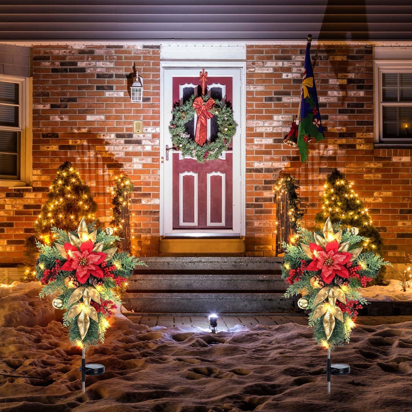 2 Pack 36" Solar Christmas Decorations Outdoor Christmas Cross Stake Lights Waterproof Cemetery Grave Decoration Faux Poinsettia Pine Cones Berries Ornament Stakes for Garden Yard Patio Lawn Cemetery