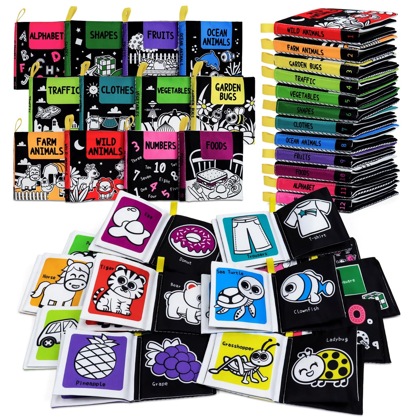 OKOOKO Soft Baby Books Black and White High Contrast 12PCS Soft Cloth Books Bath Books Crinkle Washable Non-Toxic Early Education Preschool Learning Toy for Newborns Babies Infants Toddlers Kids