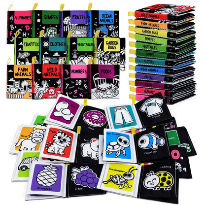 OKOOKO Soft Baby Books Black and White High Contrast 12PCS Soft Cloth Books Bath Books Crinkle Washable Non-Toxic Early Education Preschool Learning Toy for Newborns Babies Infants Toddlers Kids