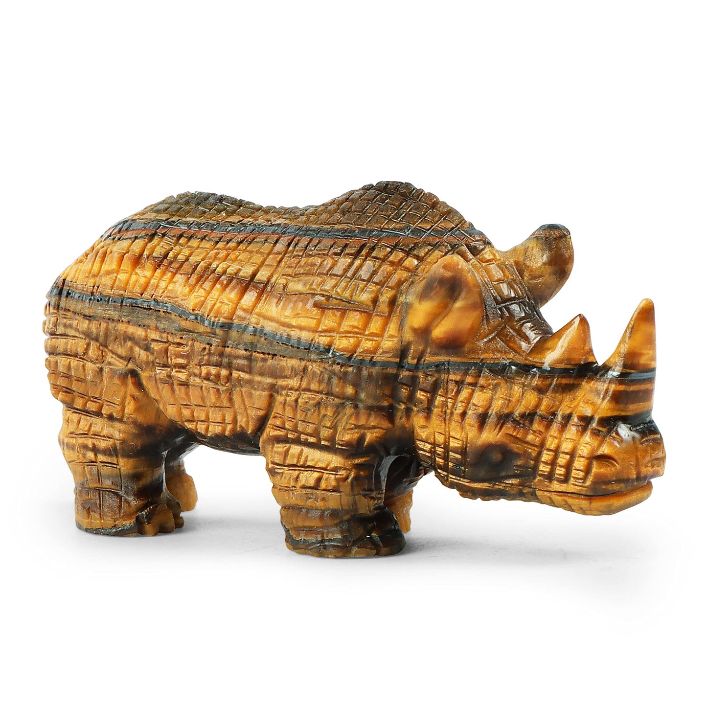 Artistone Tiger Eye Crystal Rhino Statue Hand Carved Gemstone Handicraft Healing Rhinoceros Animal Carving Figurine Sculpture Collectible Reiki Stones for Home Bookshelf Office Decor(3Inches)