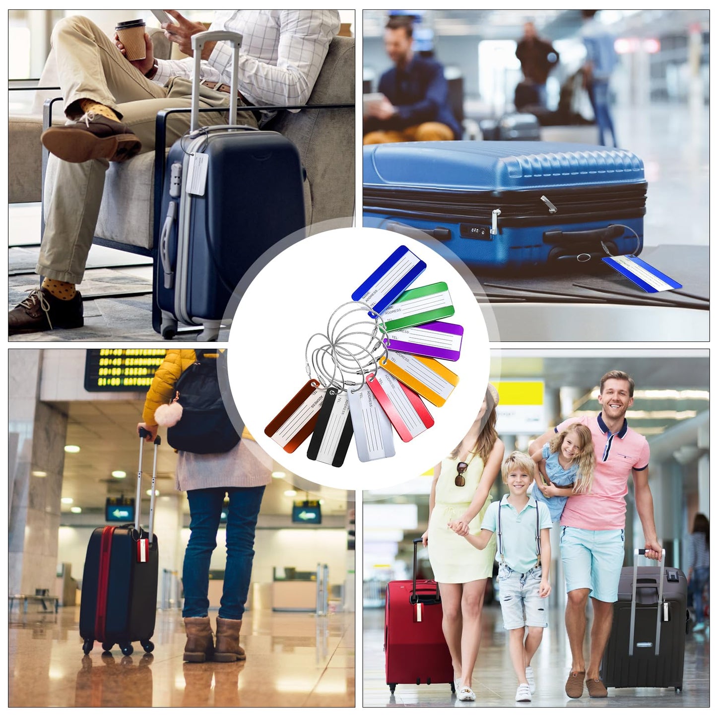 AOUTACC 8 Pack Aluminium Metal Travel Luggage Tags Suitcase Card Holder Baggage Name Address ID Bag Label with Key Ring