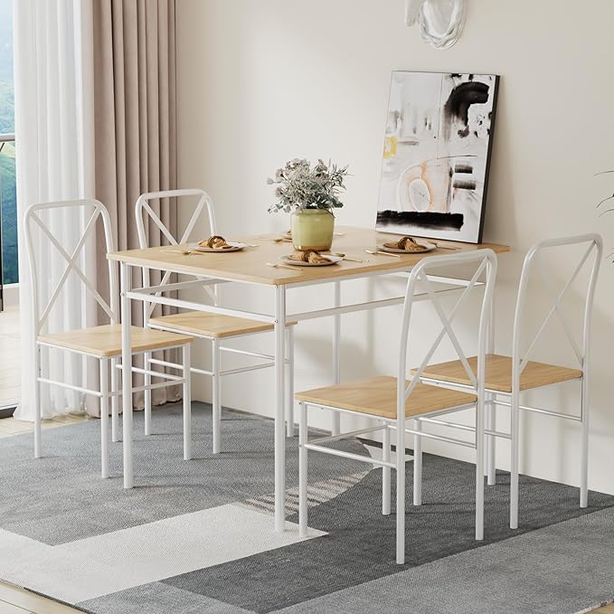 VECELO Dining Table Set for 4, 5-Piece Wood Kitchen Table