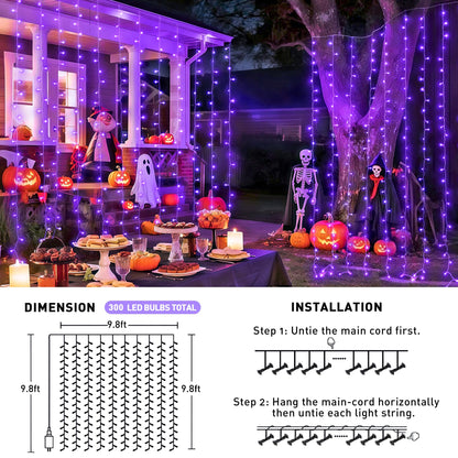 JMEXSUSS 300LED Purple Halloween Lights with Remote, 9.8x9.8ft Curtain Lights Plug in, 8 Modes Hanging String Lights for Indoor, Outdoor, Bedroom, Window, Party, Backdrop, Xmas, Halloween Decorations