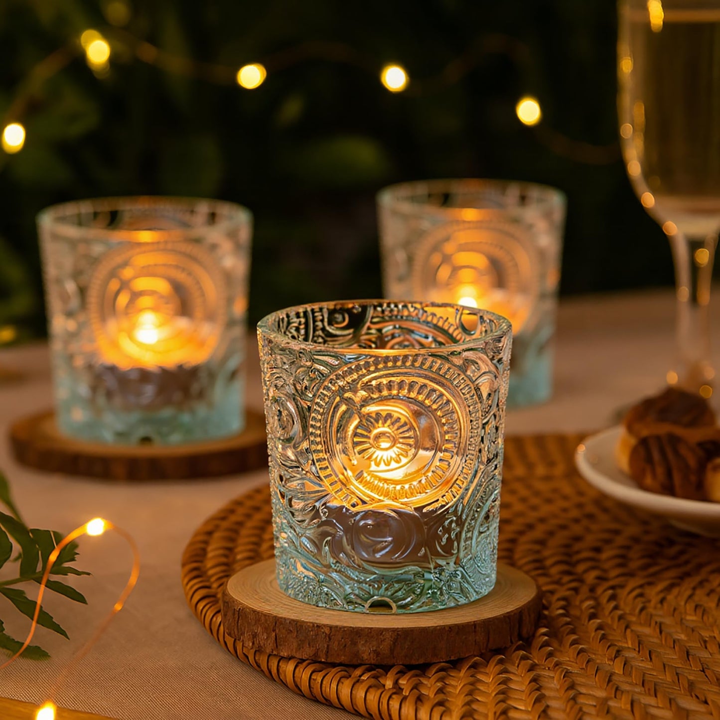 Clear Sun Moon Stars Glass Tealight Holders, 6 Pack
