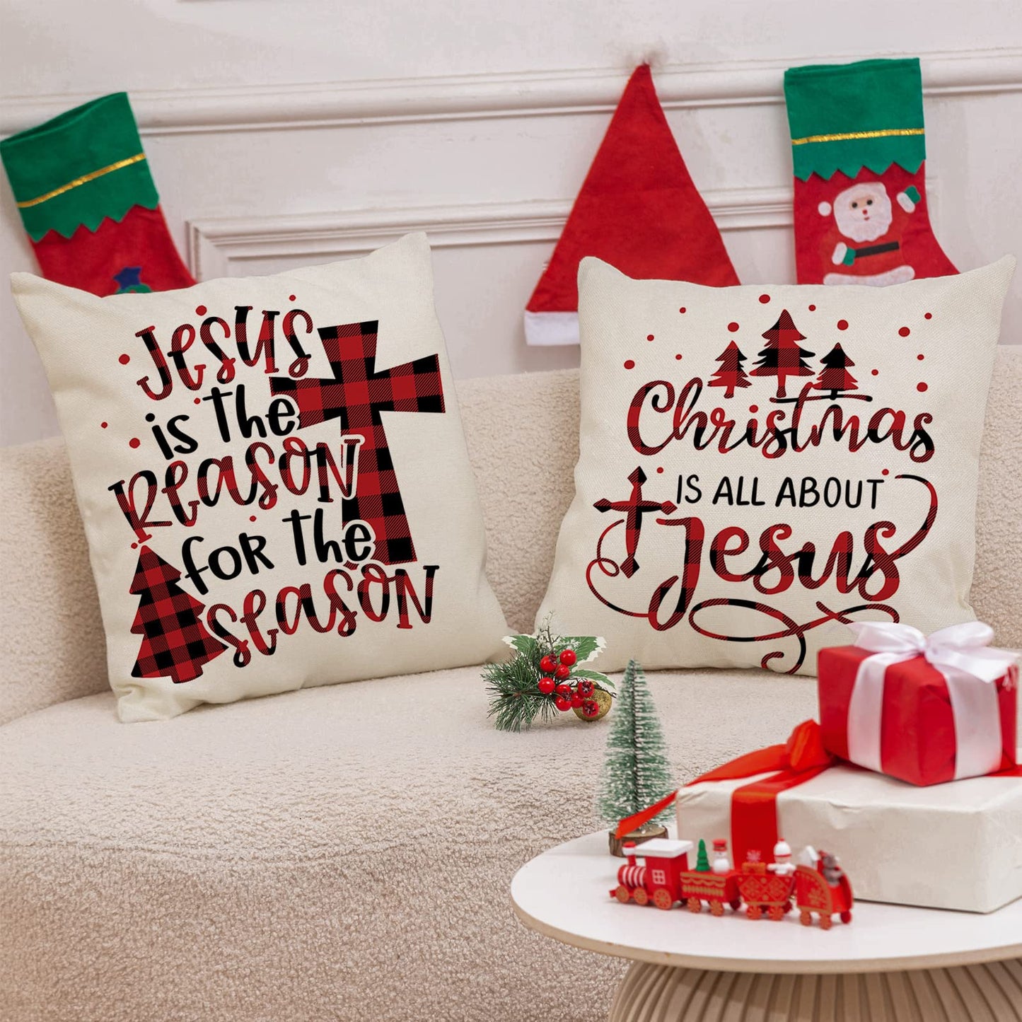 AnyDesign Christmas Pillow Cover 18 x 18 Inch Red Black Buffalo Check Plaids Holy Night Throw Pillow Case Decorative Cushion Cover Case for Farmhouse Home Couch Sofa, Set of 4