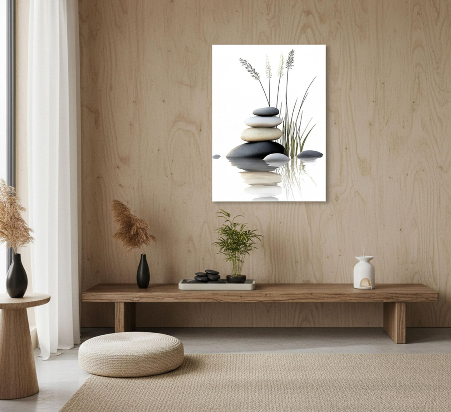 Zen Stone Canvas Wall Art Stacked Stones in Water with Grasses Painting Picture Wall Decor Poster Print Suitable for Yoga Meditation Room Bathroom Bedroom Study Home Decoration