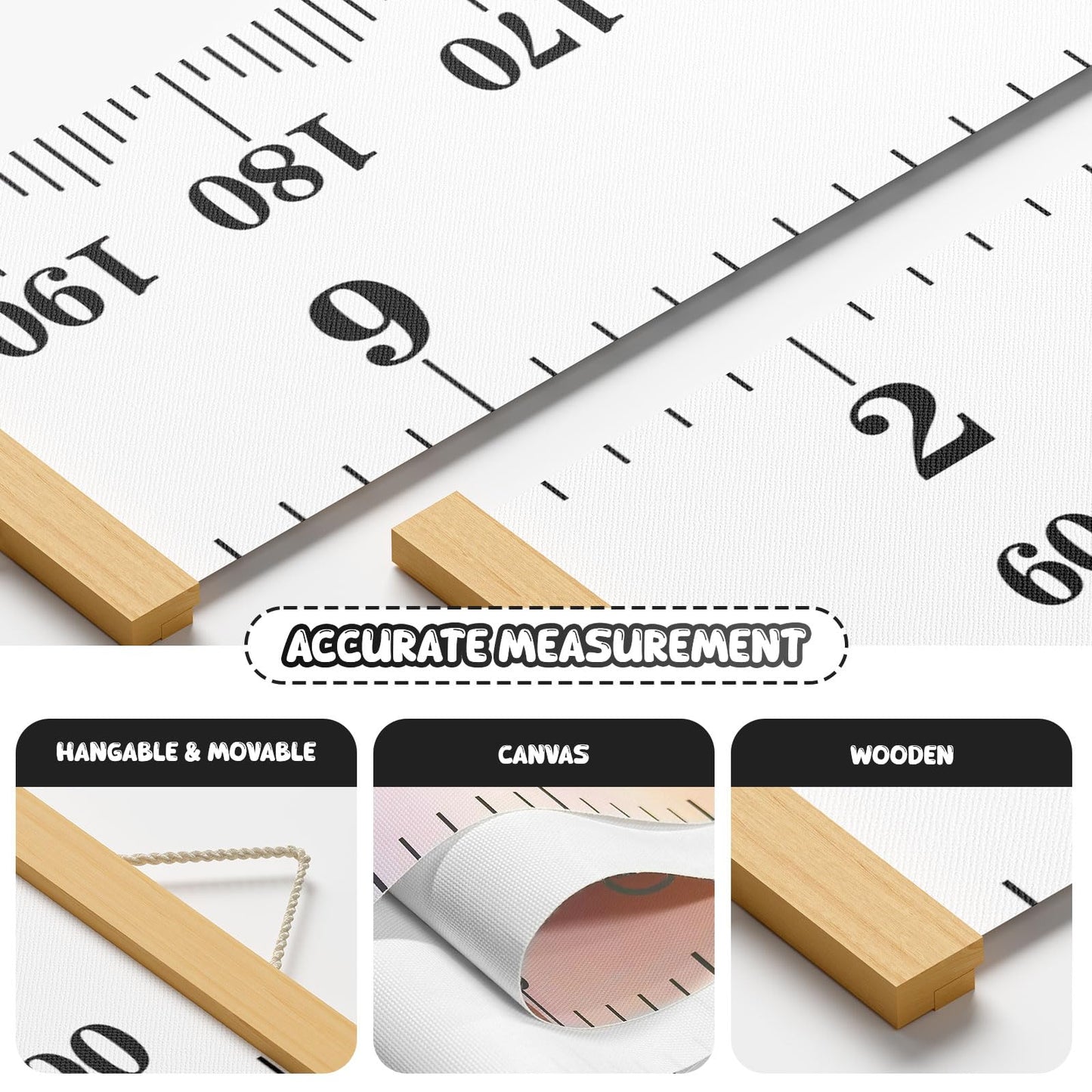 Kids Growth Chart Wall Hanging Baby Height Growth Chart Height Chart for Kids Removable Wall Decor for Kids Canvas Ruler Kids Measuring Chart for Wall Accurate Measurement Child Growth Chart (White)