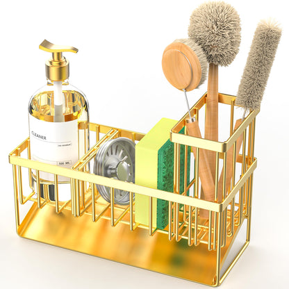 Cisily Kitchen Sink Caddy Organzier with High Brush Holder, Sponge Holder for Sink, 304 Rustproof Stainless, Kitchen Countertop Soap Dispenser Organizer, Kitchen Decor and Accessories