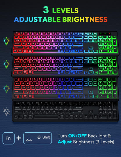 Wireless Keyboard and Mouse Backlight, USB-C Rechargeable & Light Up Keys, Full-size & Tilt Legs, Sleep Mode, 2.4GHz Silent Cordless Keyboard Mouse Combo for Mac OS/Windows/PC/Laptop- Black/QWERTY