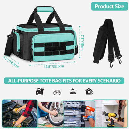 Trahzia Tool Tote Bag for Women, Tool Storage Organizer with Anti-friction Bottom, Tactical Range Bag for Electrician, Carpenters, Repairman, Turquoise