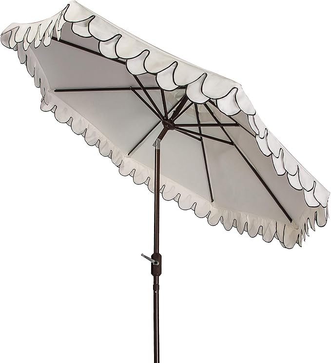 SAFAVIEH 9ft Outdoor Patio Umbrella, Round, Valance, Ivory & Black Trim, Auto Crank Tilt, UV Resistant for Deck, Backyard, Poolside (PAT8006E)