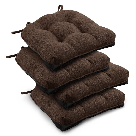 downluxe Indoor Chair Cushions for Dining Chairs, Tufted Overstuffed Textured Foam Kitchen Chair Pads with Ties and Non-Slip Backing, 15.5" x 15.5" x 4", Brown, 4 Pack