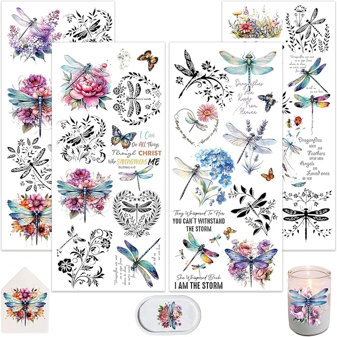 4 Sheets Rub on Transfers for Crafts, Dragonflies Furniture Transfers for Wood
