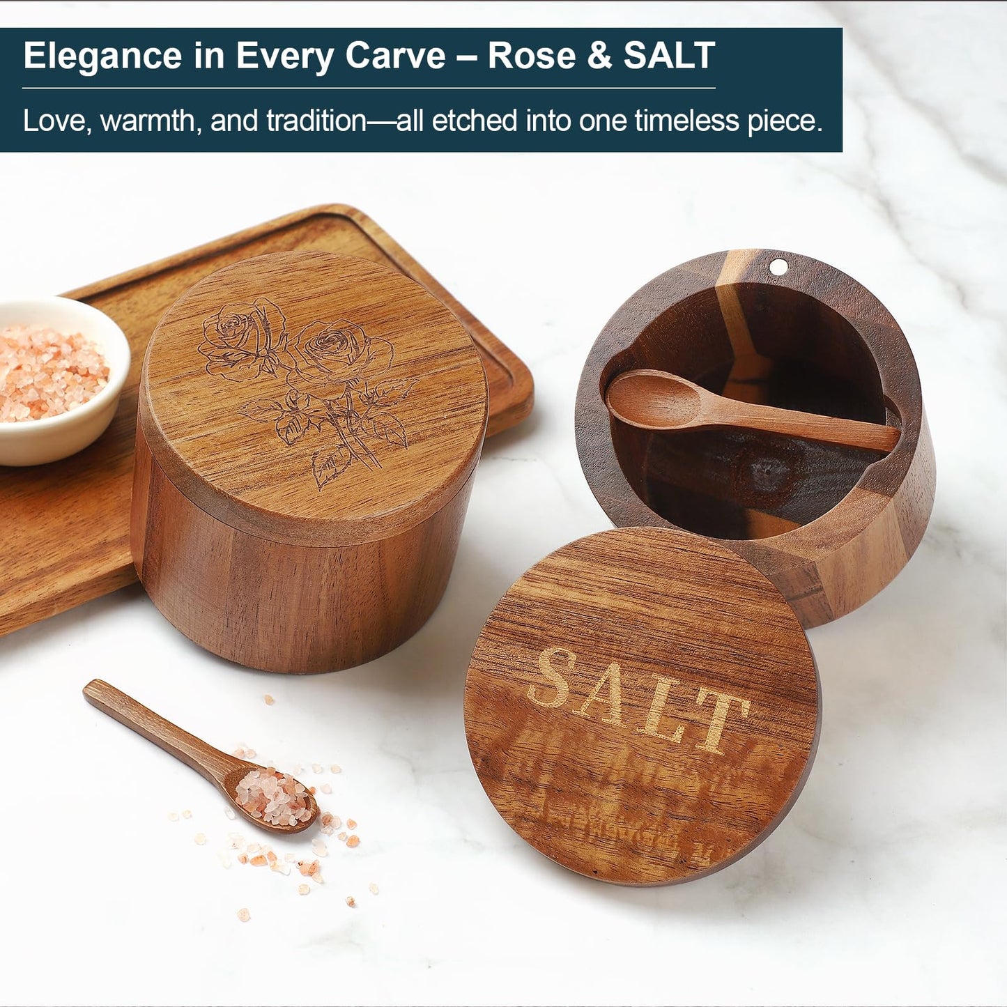 Timtopno Salt Cellar, 2PCS Salt Container Acacia Wood Salt and Pepper Box for Countertop with Built-in Spoon & Swivel Lid, Wood Salt Holder Bowl for Kitchen, Seasoning Storage (Rose & SALT Engraving)