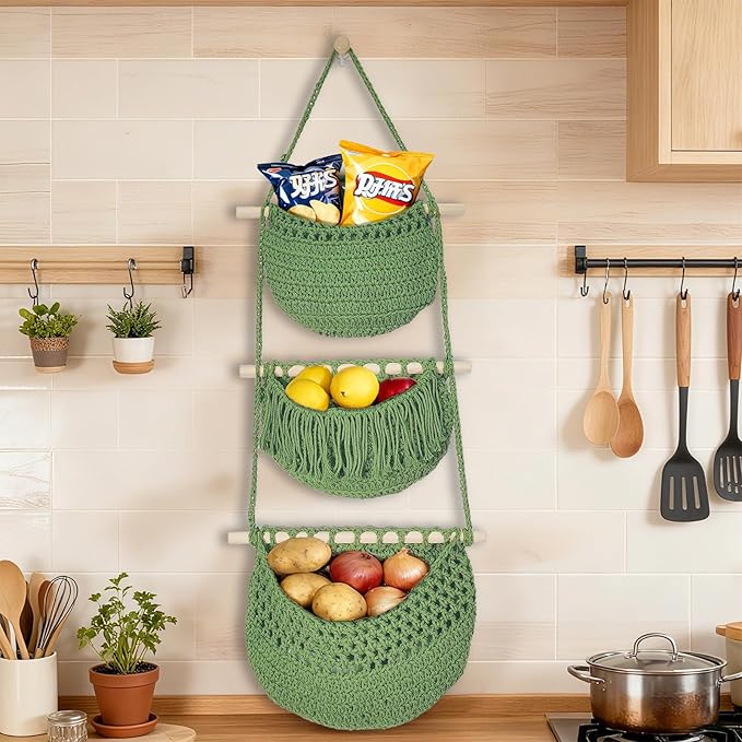 3 Tier Hanging Fruit Baskets for Kitchen, Boho Cotton Rope Handwoven Vegetable