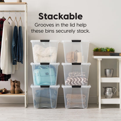 IRIS USA 54 Qt Stackable Plastic Storage Bins with Lids, 6 Pack - BPA-Free, Made in USA - See-Through Organizing Solution, Latches, Durable Nestable Containers, Secure Pull Handle - Clear