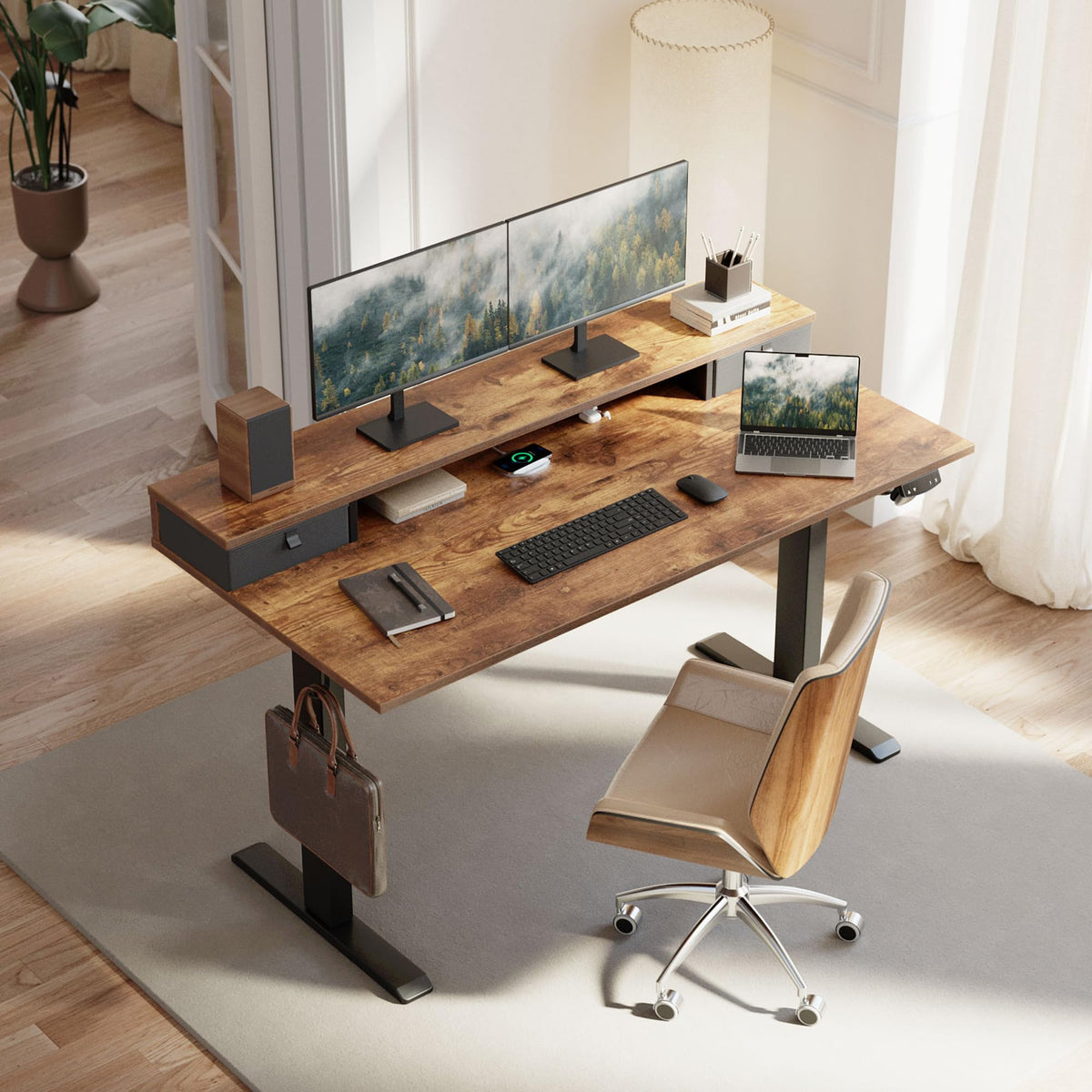 Klicelor 55 x24 Inch Electric Standing Desk with Drawers, Adjustable Height Small Sit Stand Desk for Home Office, Compact Computer Workstation with Storage– Rustic Brown
