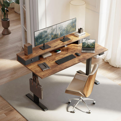 Klicelor 63 x24 Inch Electric Standing Desk with Drawers, Adjustable Height Small Sit Stand Desk for Home Office, Compact Computer Workstation with Storage– Rustic Brown