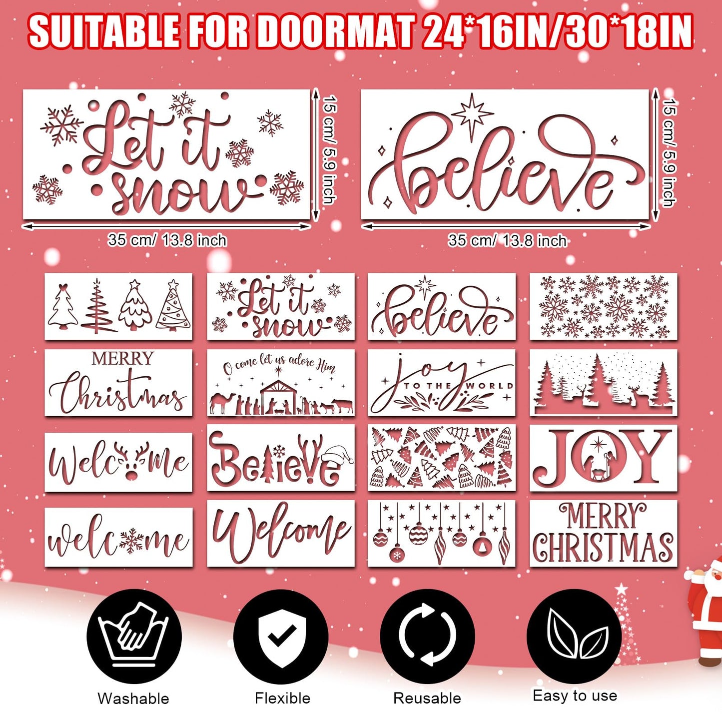 Dunzy 16 Pcs Christmas Stencils for Door Mats Crafts Reusable Merry Christmas Welcome Templates Large Stencil for Painting on Wood Sign Wall Doormat DIY Project