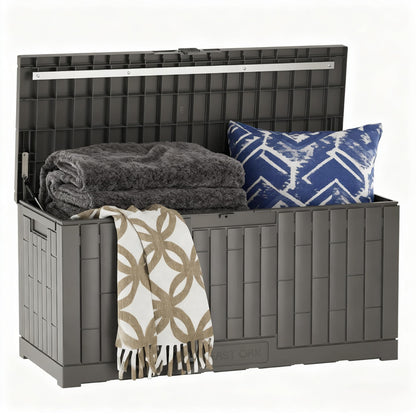 EAST OAK 120 Gallon Outdoor Storage Box, Large Resin Deck Box with Reinforced Stainless Steel Support, Waterproof & UV-Resistant Patio Storage Boxes for Cushions, Garden Tools & Pool Accessories, Grey