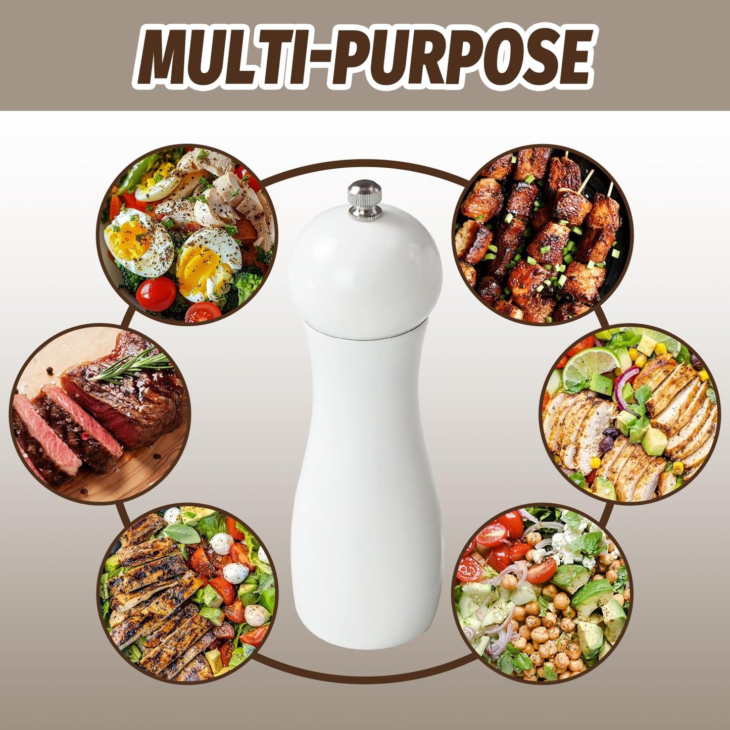 SHIKORI Manual Wooden Salt and Pepper Mills Shakers, 6.5 inch Salt and Pepper Grinders Set,Ceramic Rotor with Strong Adjustable Coarseness-White-2Pcs