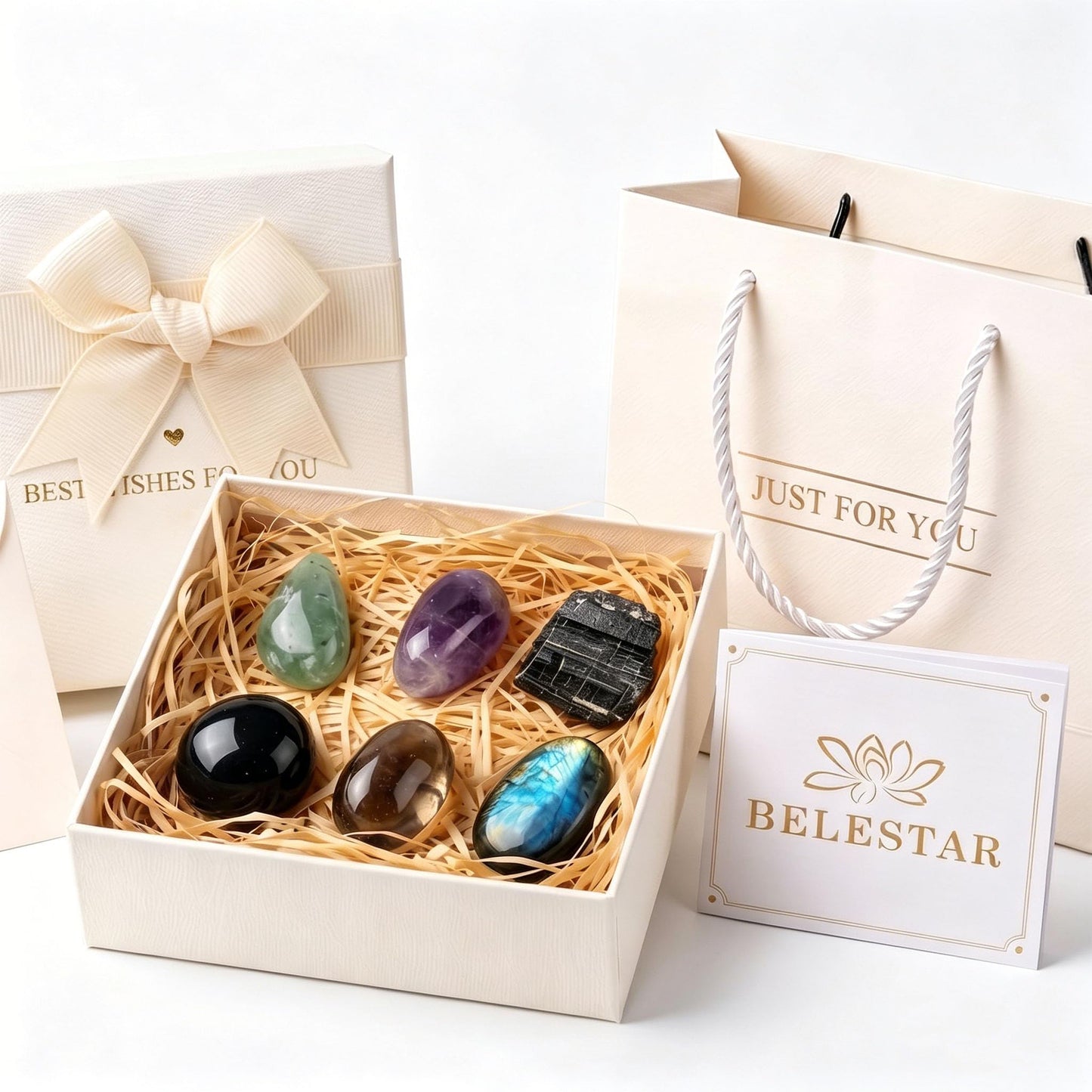 Protection Crystal Set - 6 Healing Stones for Spiritual Defense & Energy Cleansing - Includes Blessing Card, Elegant Box & Bag