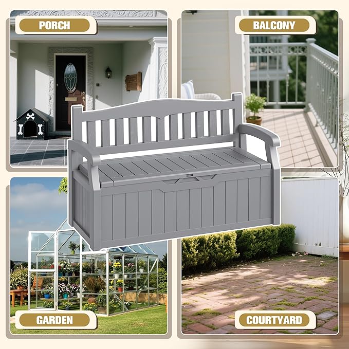 80-Gallon Outdoor Storage Bench, Waterproof Deck Box with Lockable Lid & Armrests for Patio, Garden, Pool, Gray