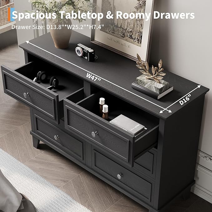 IDEALHOUSE 6 Drawer Dresser, Wooden Storage Chest of Drawers