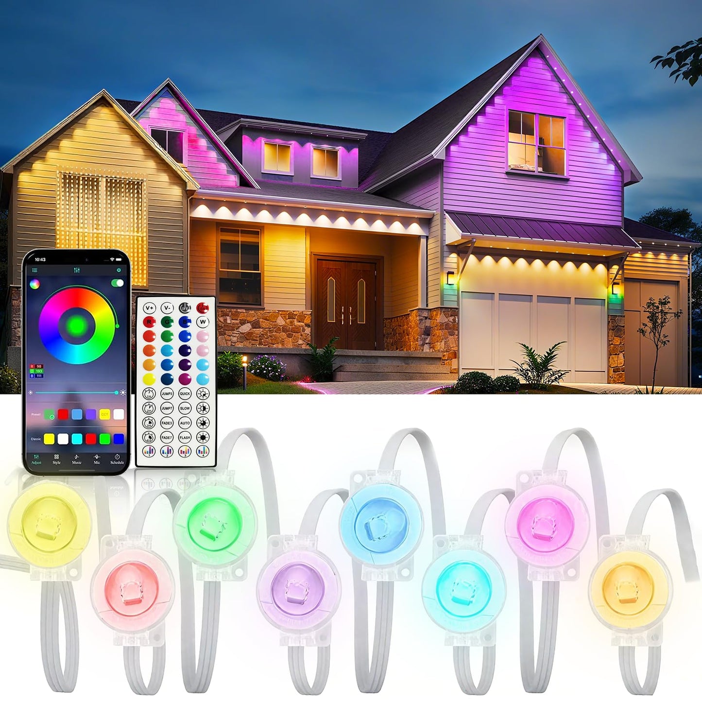 Permanent Outdoor Lights, 250FT RGB IP67 Waterproof Eaves Lighting, Smart LED Outside House Lights with App/Remote Control for Halloween, Christmas Decor, Holiday, Party, Daily, All Year-Round