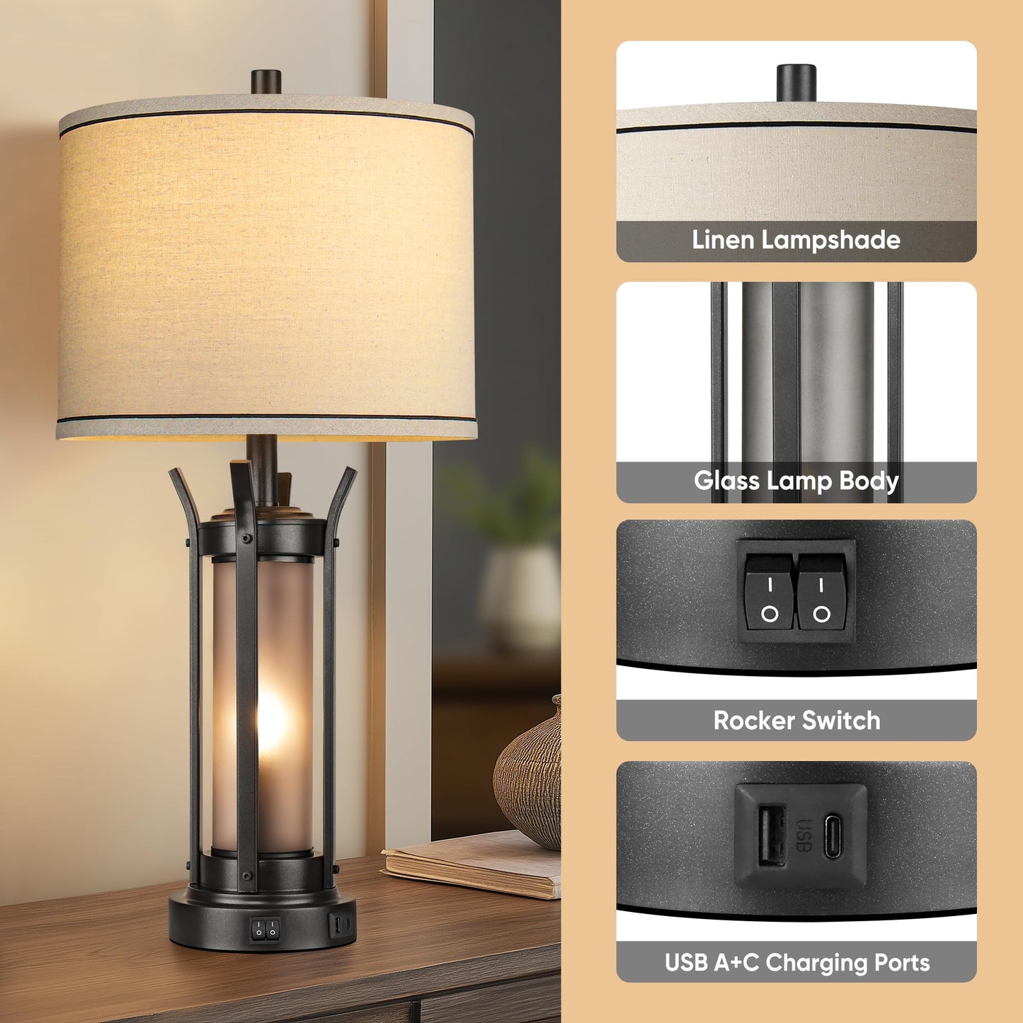 QiMH 26" Table Lamps Set of 2, Rustic Bedside Lamps with USB A+C Charging Ports, Farmhouse Industrial Nightstand Lamp with Frosted Glass Night Light for Bedroom Living Room, Black, 4 Bulbs Included