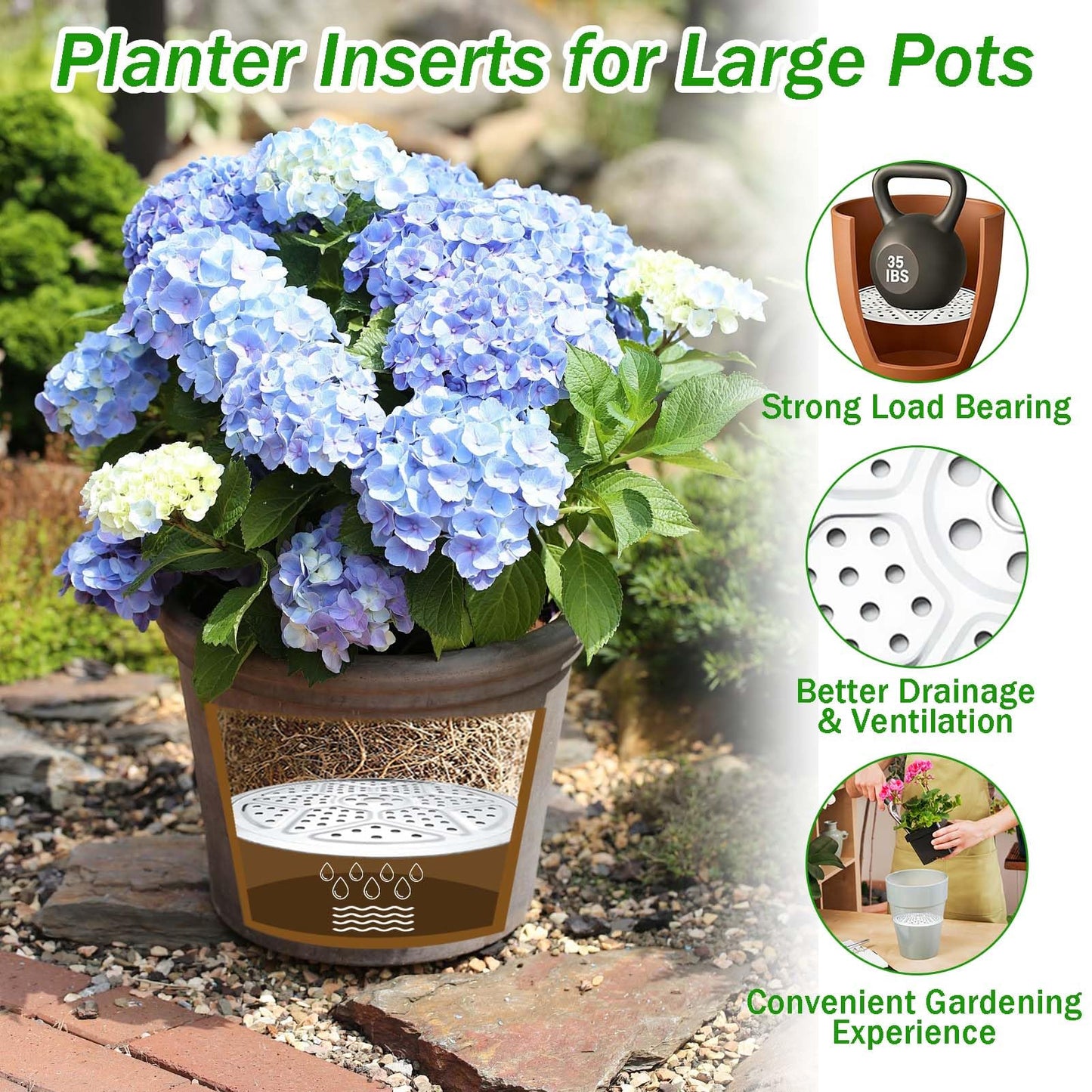 3PCS Round Planter Inserts for Large Tall Pots, 15.7" Stainless Steel Flower Pot Lift Insert Portable Planter Accessories Circular Plant Riser for Inside Pots with Drainage Hole, Use Less Potting Soil