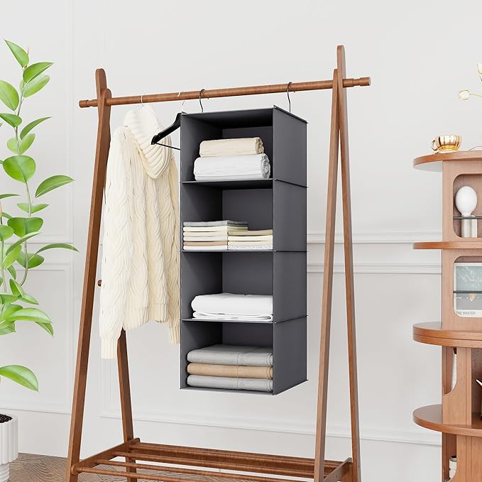 Hanging Closet Organizer, Easy Mount Foldable 4-Shelf Hanging Closet Wardrobe