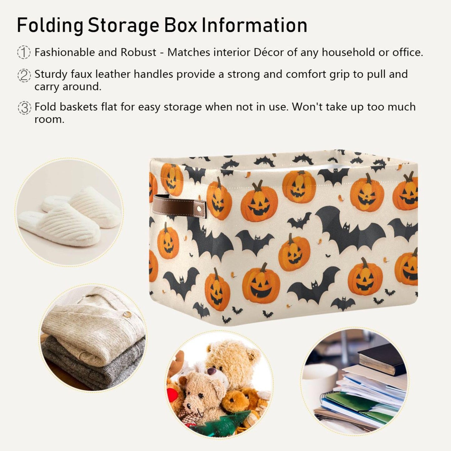 Wamika Happy Halloween Storage Basket with Waterproof Liner and PU Handles Spooky Pumpkin Black Bat Storage Bins Boxes 14.2" Collapsible Decorative Organizer Baskets for Bedroom Closet Office 1 Pack