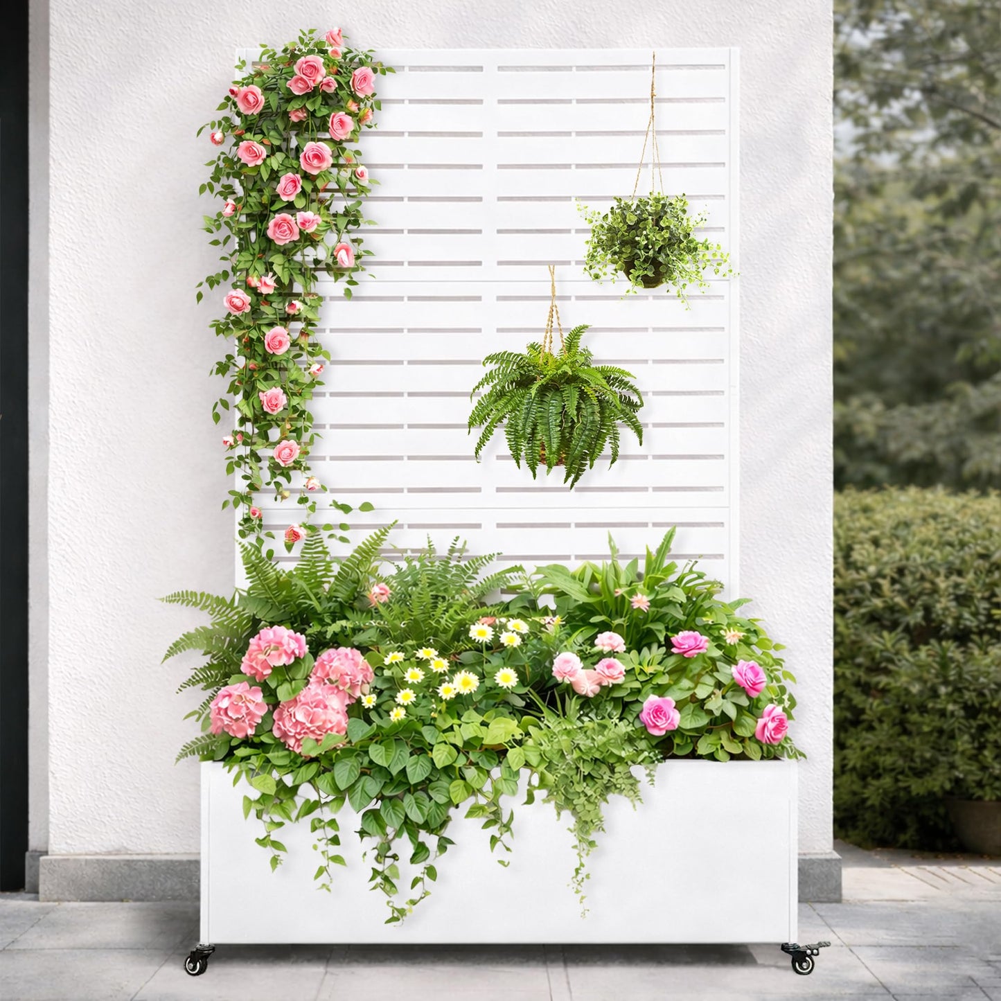 VERSSURE Metal Planter Box with Trellis, 43” L x 16” W x 71” H Raised Garden Bed with Wheels, Privacy Planters for Patio, Metal Planter Box with Drainage Holes, White