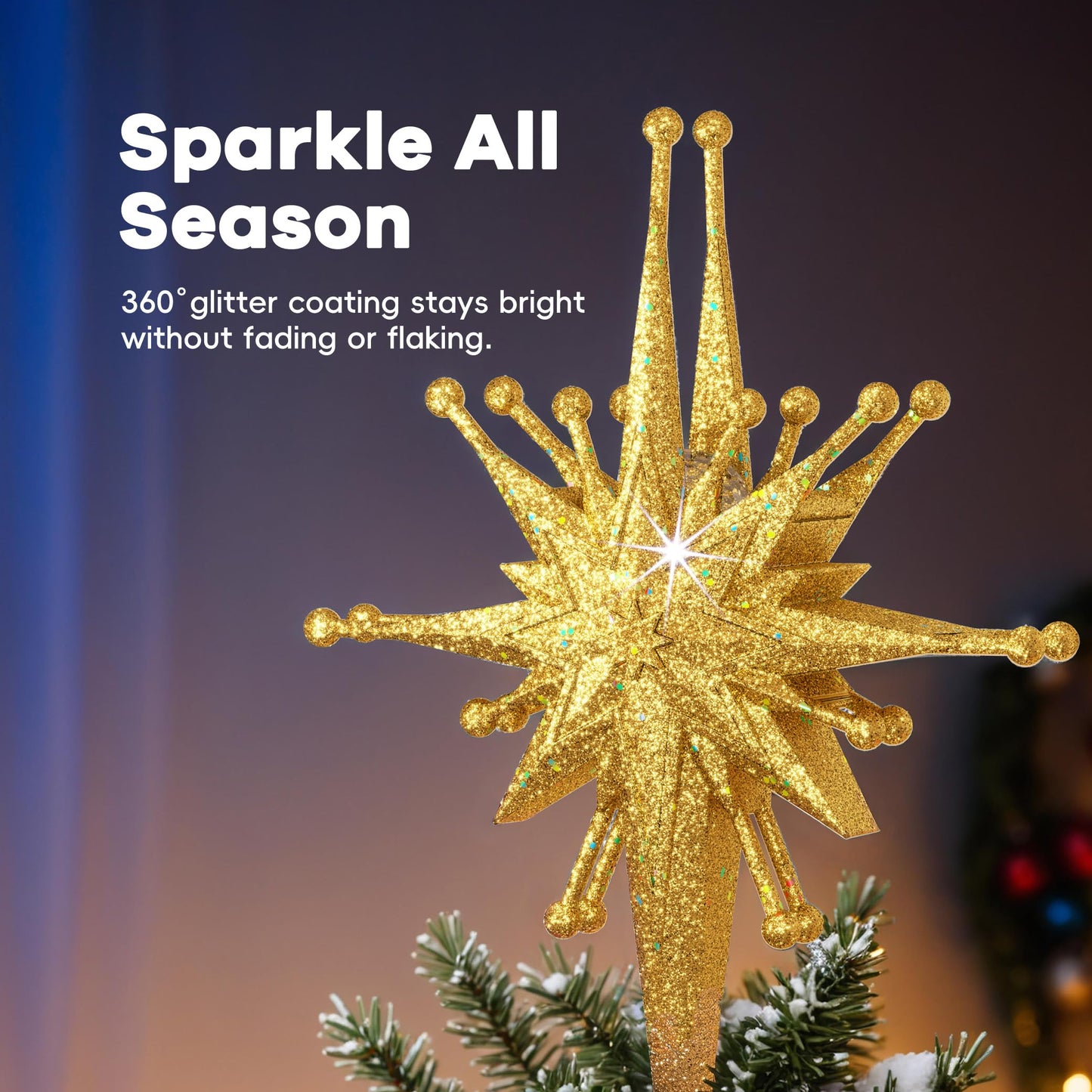2025 Upgraded Christmas Tree Topper Projector Light with Rotating Bright LED & Wide Coverage, Universal Fit for Any Height Tree, Easy Install, Stable Base, Holiday & Party Decorations (Starlight Gold)