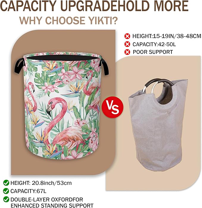 Watercolor Flamingo Laundry Hamper, Tropical Flower Leaves Clothes Hamper