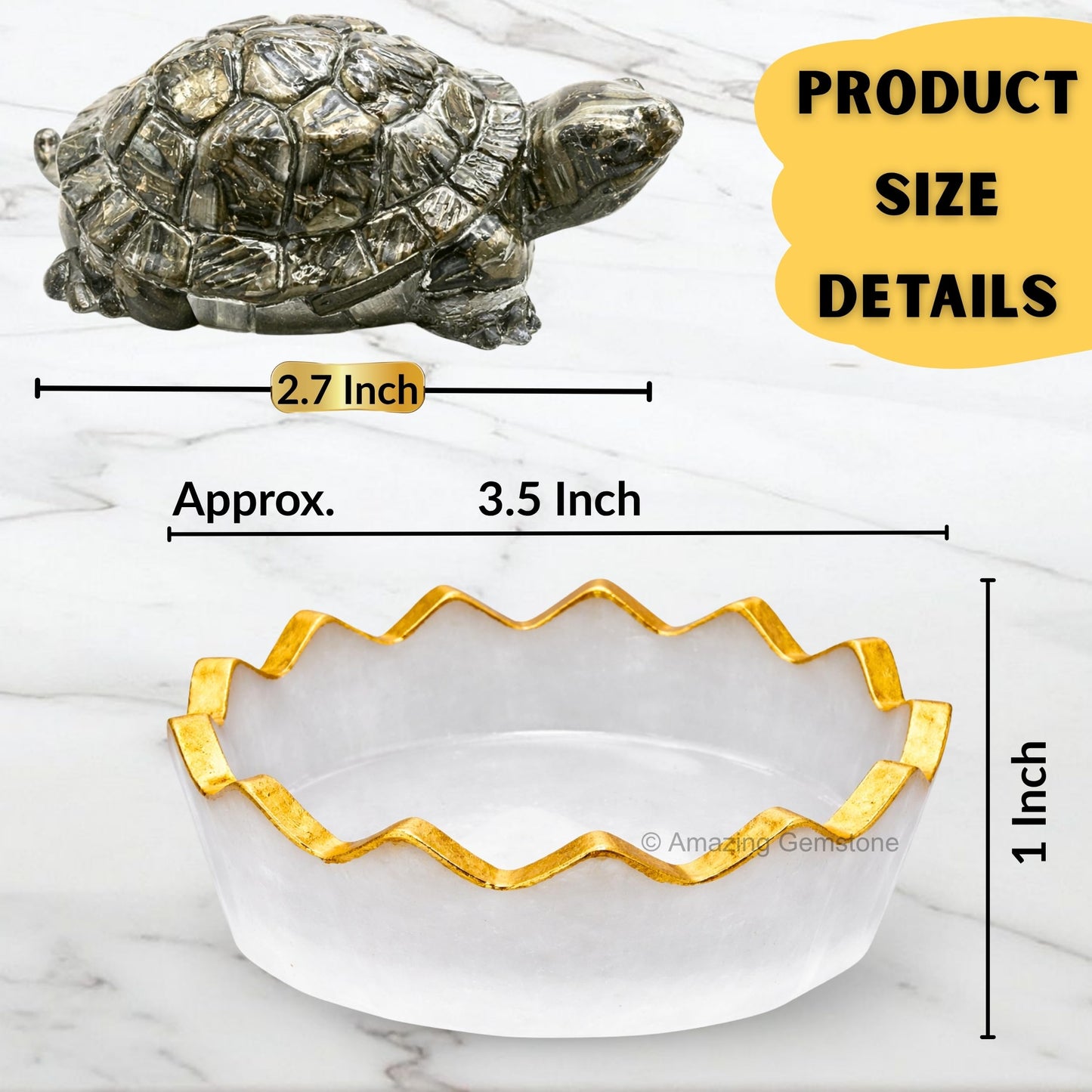 Amazing Gemstone Natural Pyrite Crystal Tortoise with Selenite Bowl | Feng Shui Turtle for Good Luck, Wealth & Positive Energy | Spiritual Home Decor Gift for Office & Meditation