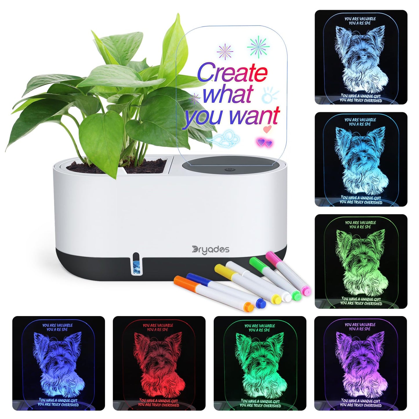 DRYADES Self-Watering Plant Pot with LED Note Board & 7 Colors Pen, Led Acrylic Message Board with Plant Pot,Dog Board Night Light with Planting Pot for Mother's Day/Thanksgiving/Gifts(No Plant&Seed)