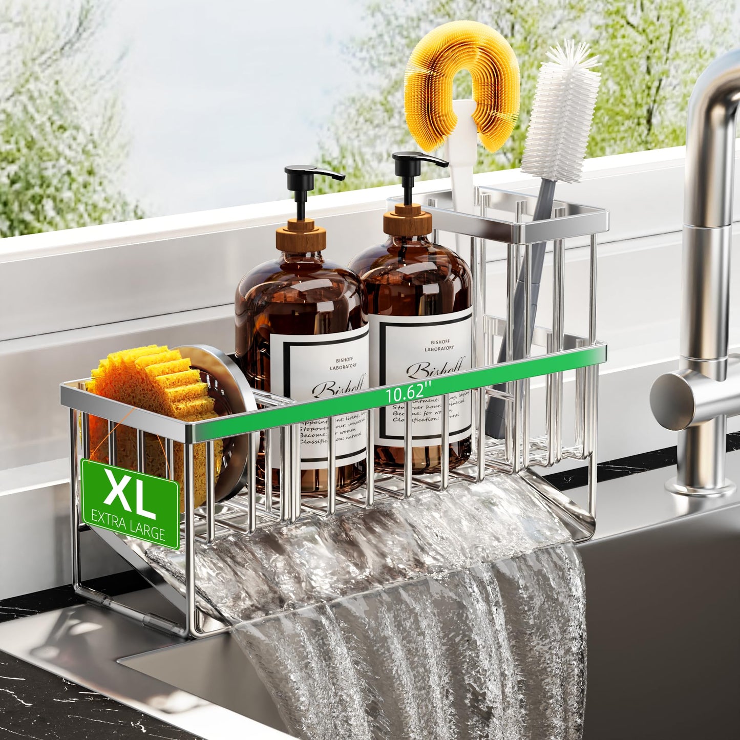 Cisily Kitchen Sink Caddy Organzier with High Brush Holder, Sponge Holder for Sink, 304 Rustproof Stainless, Kitchen Countertop Soap Dispenser Organizer, Kitchen Decor and Accessories
