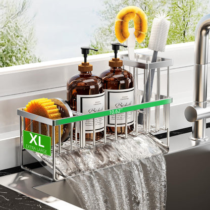 Cisily Kitchen Sink Caddy Organzier with High Brush Holder, Sponge Holder for Sink, 304 Rustproof Stainless, Kitchen Countertop Soap Dispenser Organizer, Kitchen Decor and Accessories