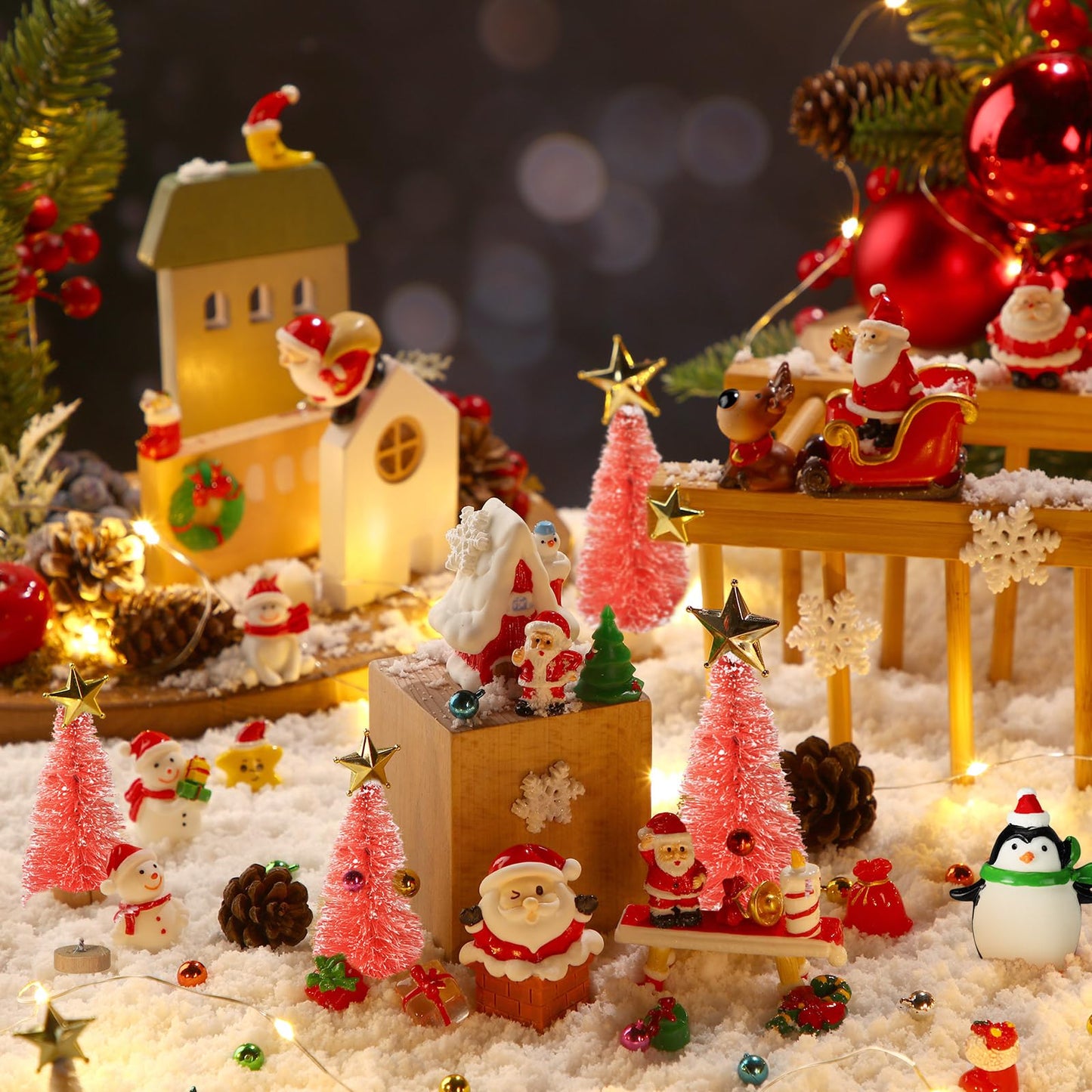 96 Pcs Miniature Ornaments for Snow Globe Kit DIY Christmas Village Decoration Christmas Figurines Mini Ornaments with Snowman Reindeer Santa Claus Snowflake(Pink)